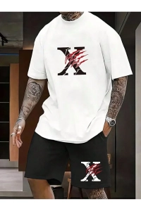 Erkek Baskılı Bisiklet Yaka Oversize T-shirt & Şort Alt Üst Takım